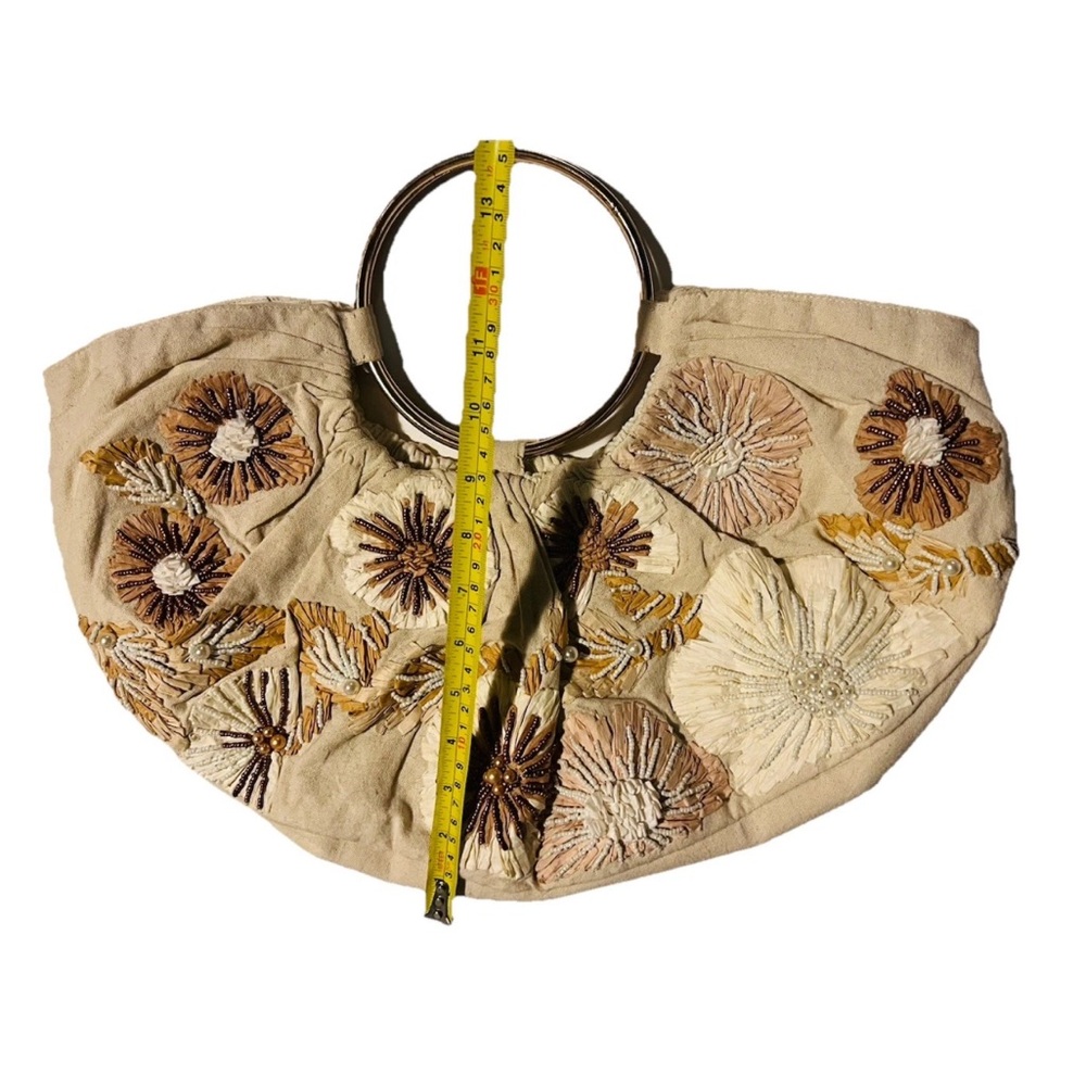 Anthropologie “Sunburst Meadow” Beaded Raffia Large Satchel Double Ring Handle - Picture 10 of 10